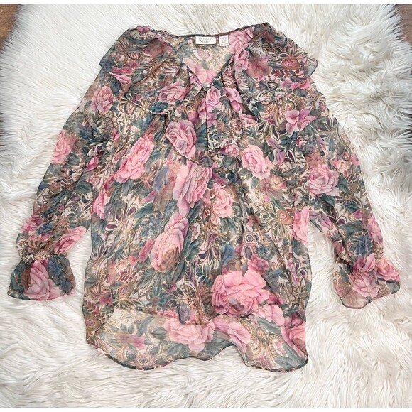 Victoria’s Secret Gold Label Sheer Floral Blouse Pearl Button VNeck Romantic M/L - Picture 8 of 15